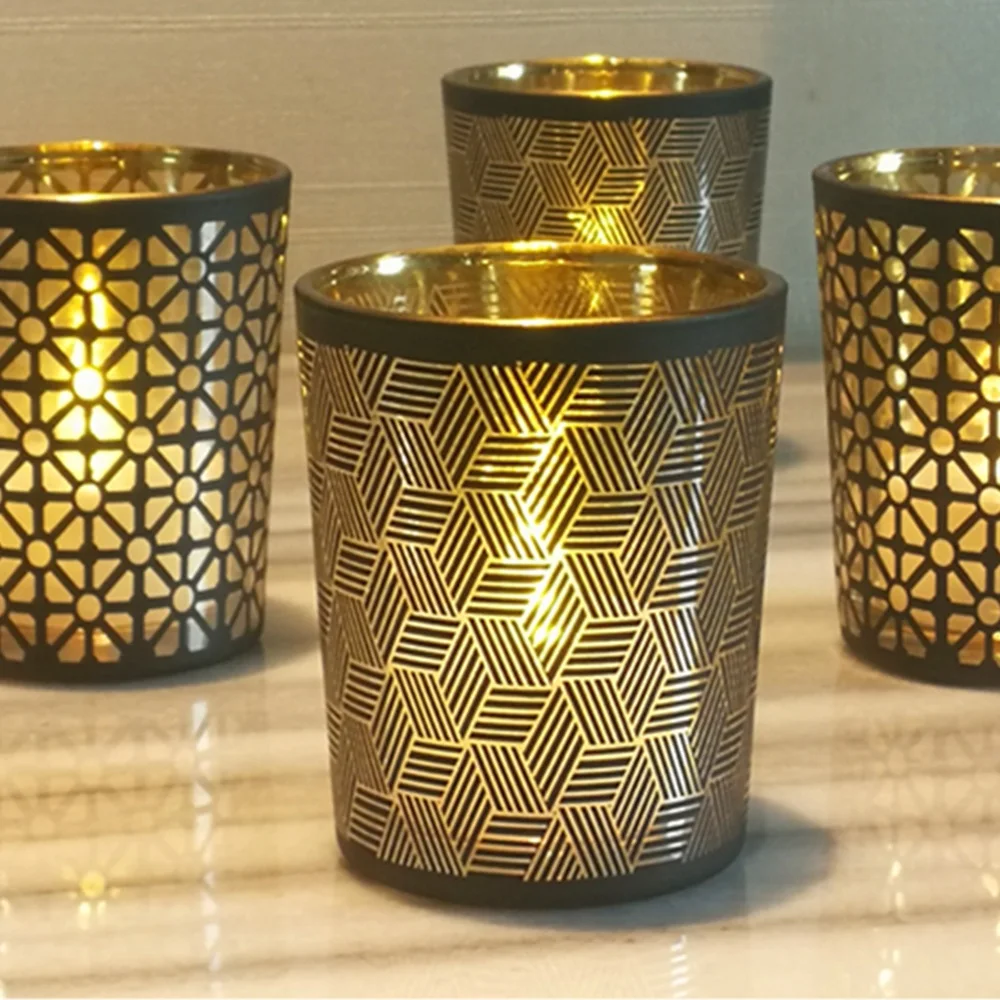 6pcs Votive Glass Candles Holder Set Black Gold Lattice Line Style Art Candlestick Tealight Candle Holder Wedding Home Decor
