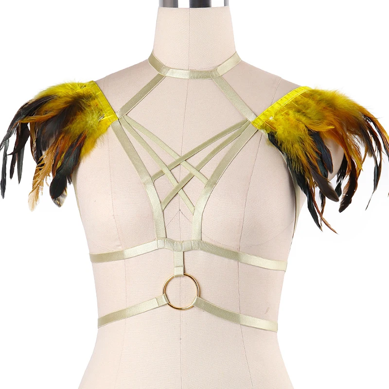 

Feather body harness Cage bra Festival Wear Epaulettes Bondage Shoulder Tops bra Gothic Feather harness BurningMan Lingerie