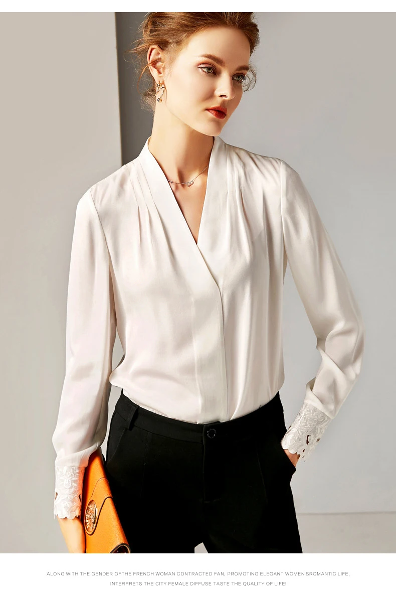 Schinteon, винтажная блуза из натурального шелка, женская, v-образный ворот, длинный рукав, сплошной цвет, рубашка, пуловер, пэчворк, белый, черный