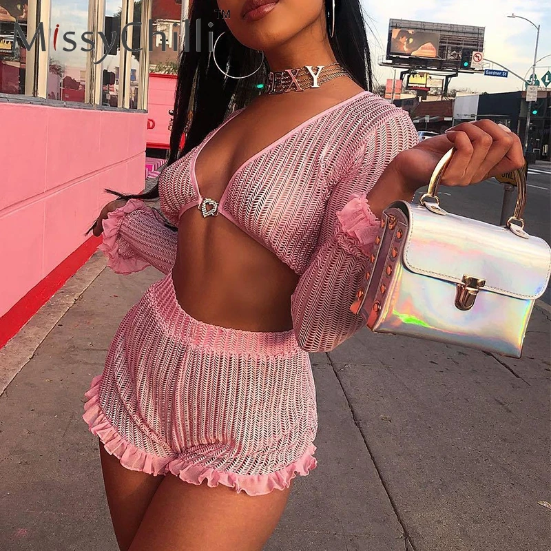 

MissyChilli Pink ruffles summer short jumpsuits Women elegant v-neck long sleeve romper Female sexy elastic two-piece playsuit