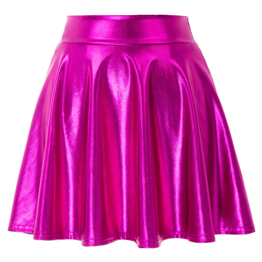 

KK new Rose & Silver sweet Retro Style Solid Color Imitated Leather Shiny skirt mini Skater Above Knee Skirts womens