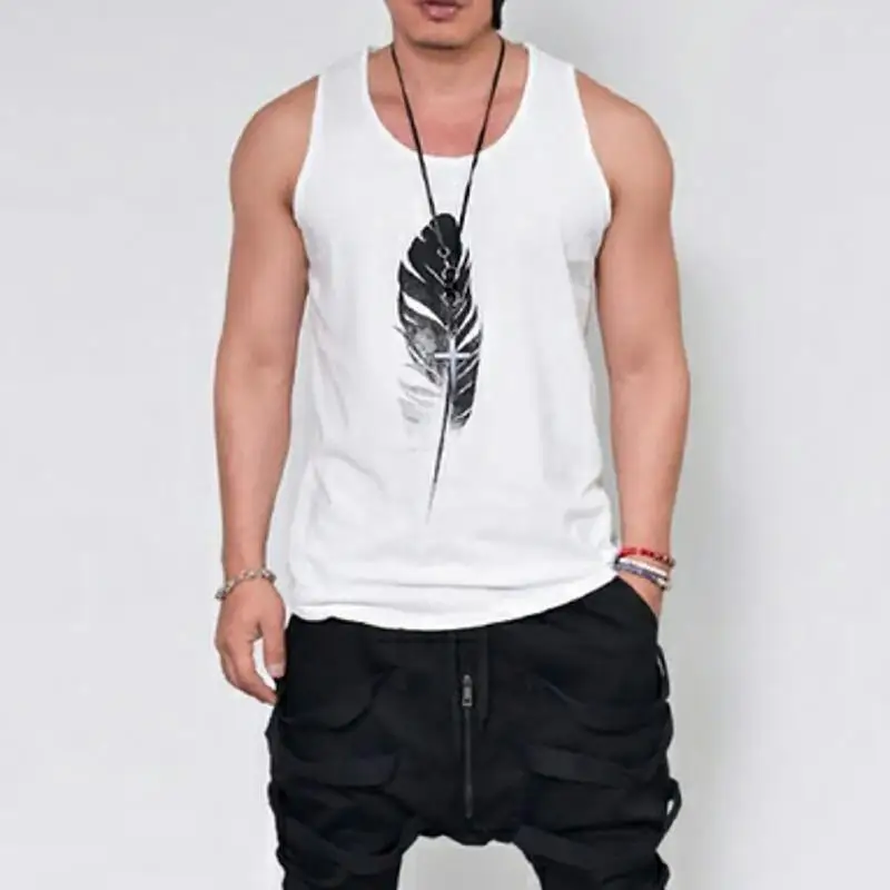 

NEW Summer Men's Vest Singlet Feather Printed Vest Muscle Bodybuilding Sleeveless Shirt Male Hip Hop Streetwear Fitness Tops
