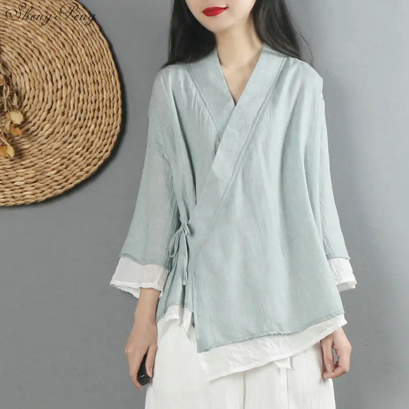 New linen shirt women top traditional Chinese style top blouses solid color linen shirt oriental clothing V1475