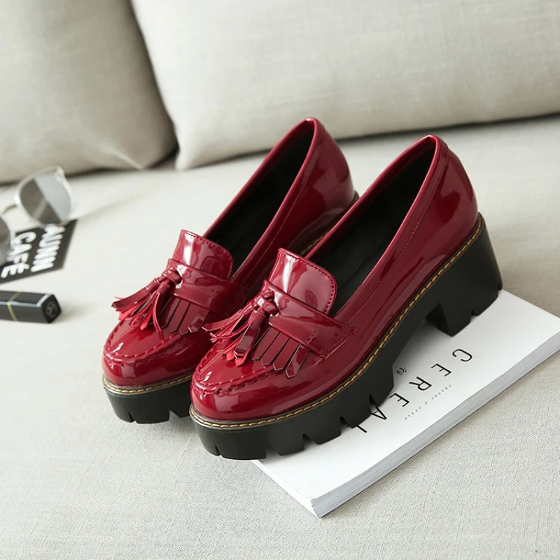 Loafers Handmade Patent Leather Ladies Oxfords Shoes Full season Casual Women Pumps Tassel Black Oxford Shoes For Women Size 43 (8)