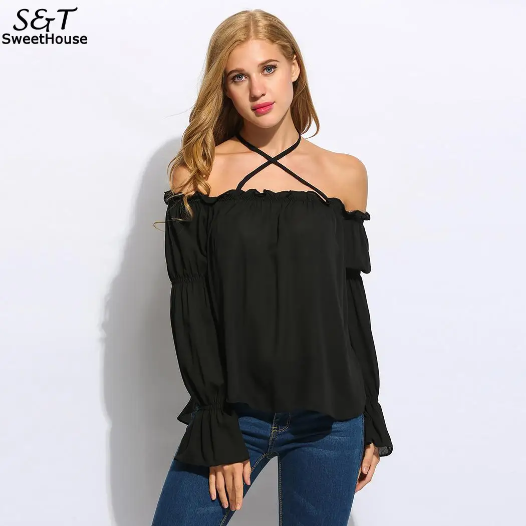 Tops Hasta Moda Blusas Mujeres Cuello Slash Gasa Encaje Blusa Otoño Black Mujer Camisa Nuevo Loose Hombro 2018 Off Halter agvIIqnR