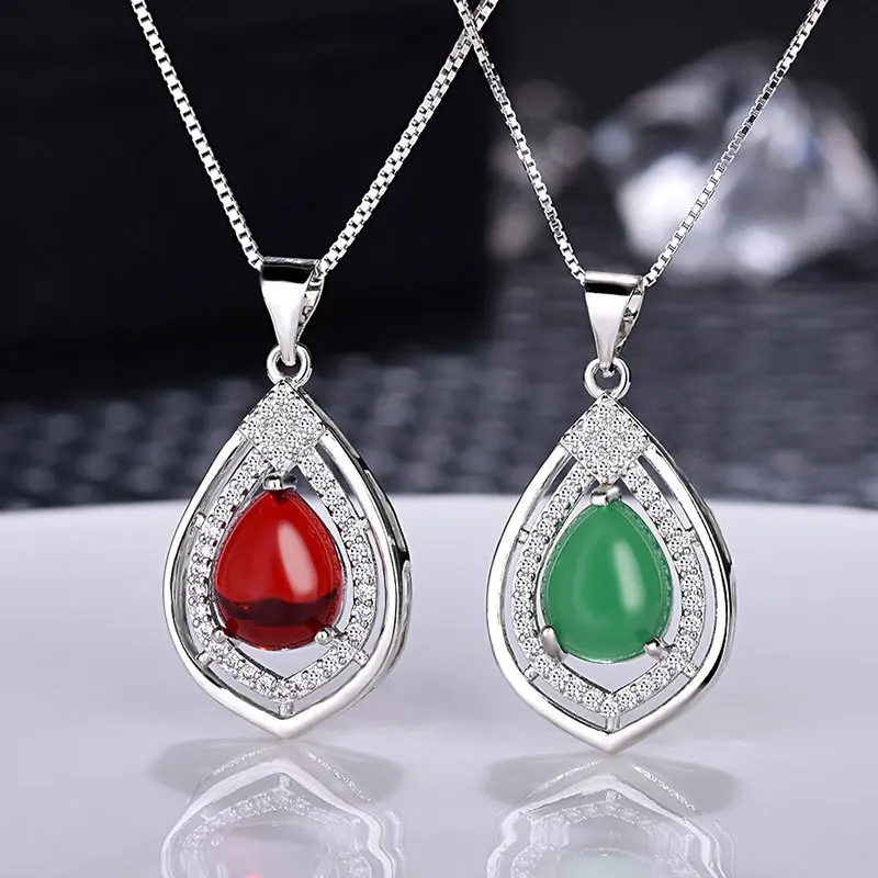 olowu Fashion 925 Sterling Silver Pendant Necklace Pure Silver Natural Stone Red or Green Chalcedony Necklaces Jewelry With CZ (5)