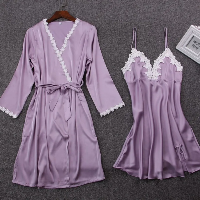 

Two Piece Robes Sets Women Sexy Lace Silk Robe & Gown Set Sleepdress+Bathrobe Lingerie Femme Robe Bridesmaid Wedding Sleepwear