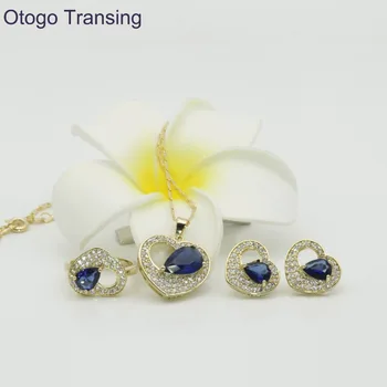 

Otogo Transing 925 Sterling Gold Color Blue Crystal AAA Heart Ring Pendant Necklace Earrings Jewelry Sets For Women made S210