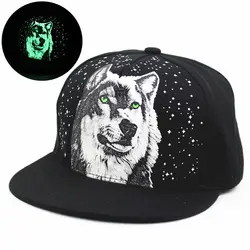 Мужская и женская новая светится в темноте шляпа с принтом волка Snapback шляпы Регулируемая хип хоп флуоресцентная бейсболка