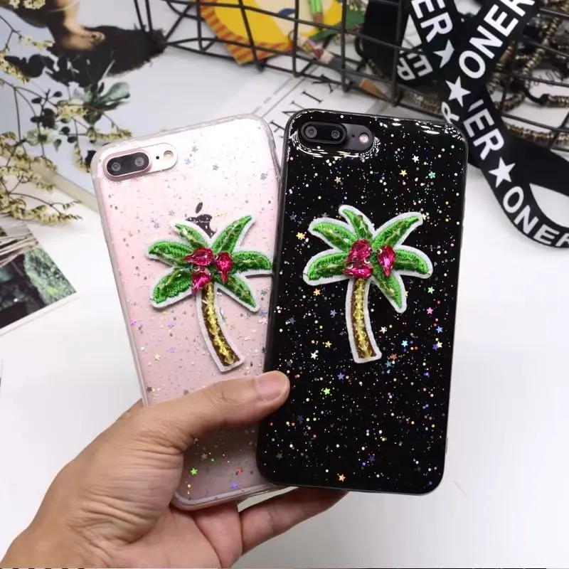 EVANKALX Coconut Palm Tree Printed Soft Case For iPhone 8 7 6 6s Gillter transparent Mobile Plus Clear Capa |