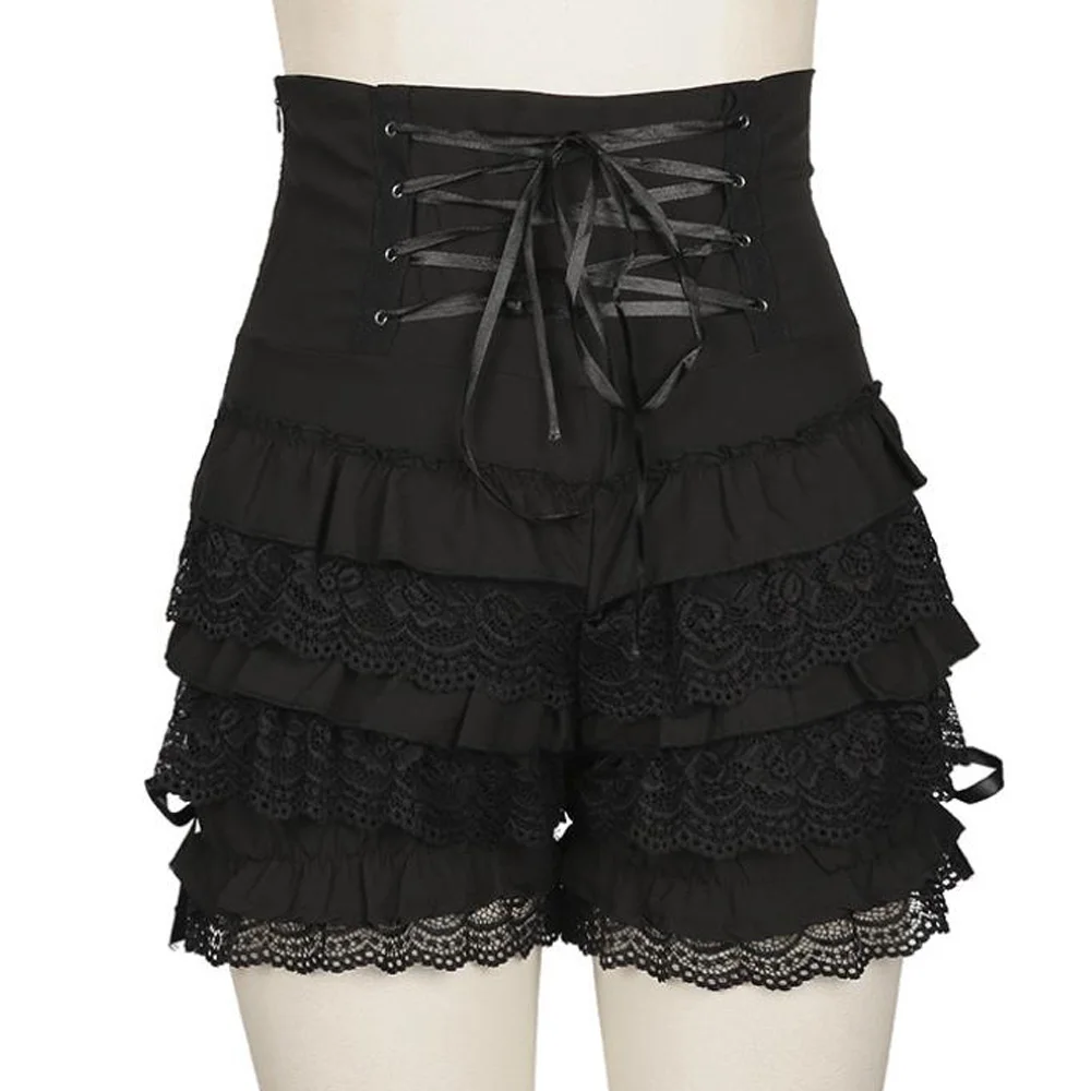 

Medieval Lace Shorts Women Black High Waist Lace Up Bandage Retro Gothic Party Steampunk Vintage Ruffle Shorts Cosplay Bottoms