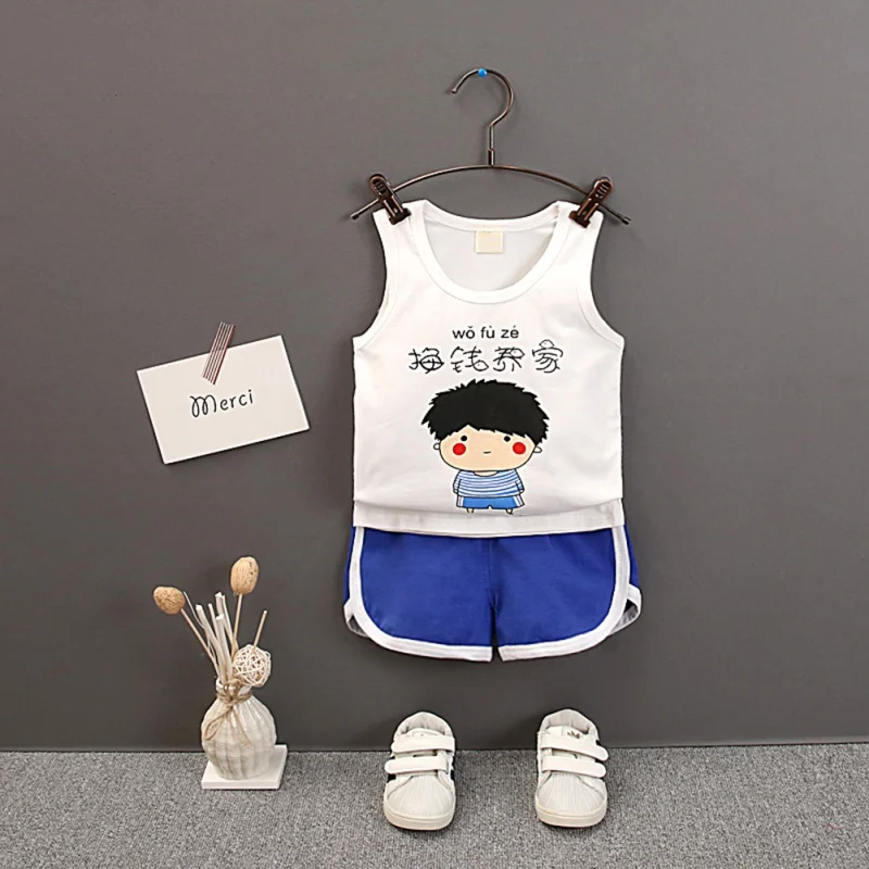 

2Pcs/Set Summer Baby Boys Girls Casual Sleeveless Cartoon Words Print T-shirt Tops+Shorts Suits Costume Set