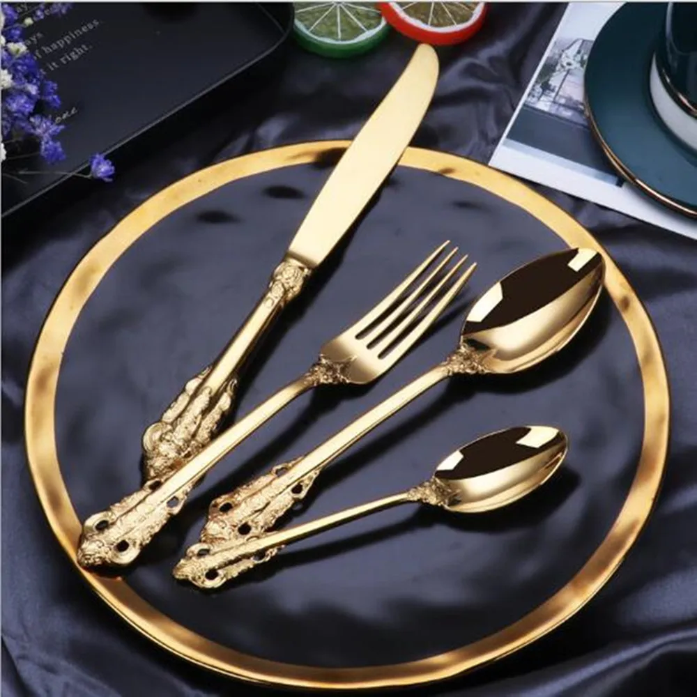 

1set Retro Silver Tableware Golden Steak Soup Western Fork Dinnerware Stainless Steel Dinner Set Cutlery Kitchen Tools BBB0798