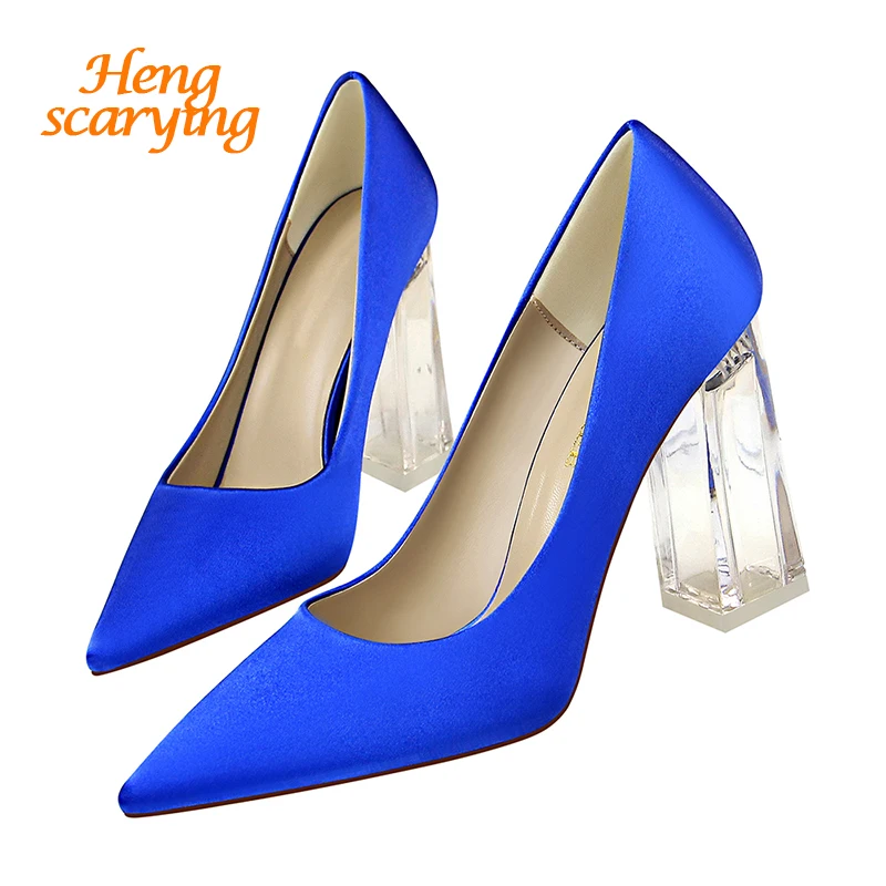 2019 Plus Size 43 Women Block 10cm High Heels Lady Scarpins Green Satin Pumps Female Wedding Yellow Blue Silk Transparent Shoes