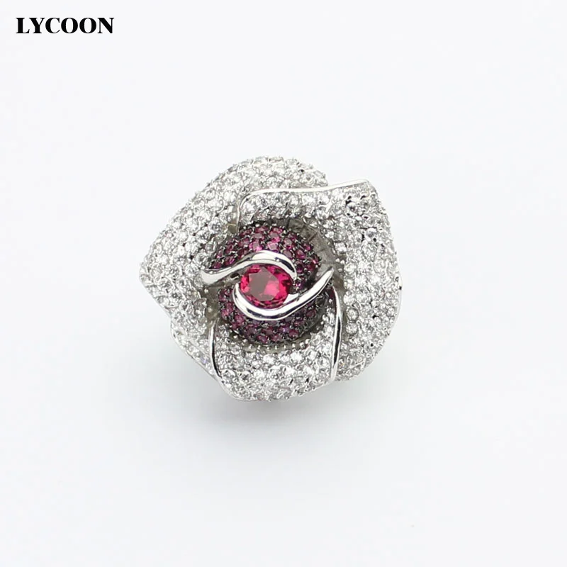 LYCOON новейшее роскошное кольцо с красным Цирконом для женщин обручальное женское кольцо с большим цветком розы кубический цирконий CZ камень обручальные кольца - Цвет основного камня: Красный