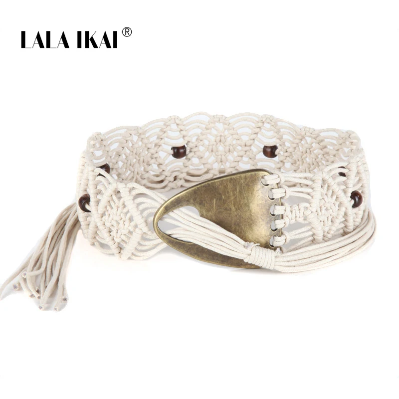 LALAIKAI Retro Belt Women Ethnic Hand Knit Fabric Belts For Dress Fish