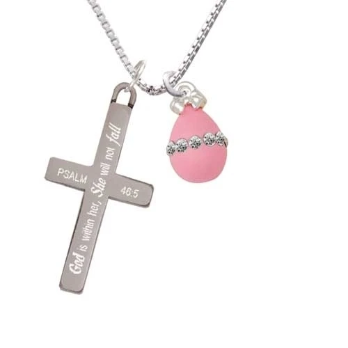 Pink Easter Egg with Clear Crystal Band - She will not Fall - Cross Necklace (1)