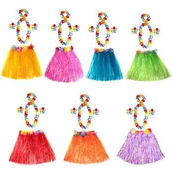 

Hawaii Hula Grass Tropical Dance Skirt Flower Bracelets Headband Necklace Hula Grass Costume Evening Hawaii