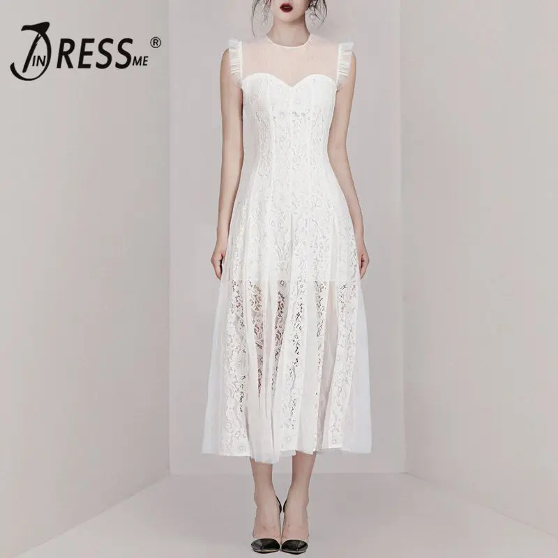 

INDRESSME 2019 New Lace Mesh Sleeveless Ruffle Frill White Dress Lovely Party Midi Dress