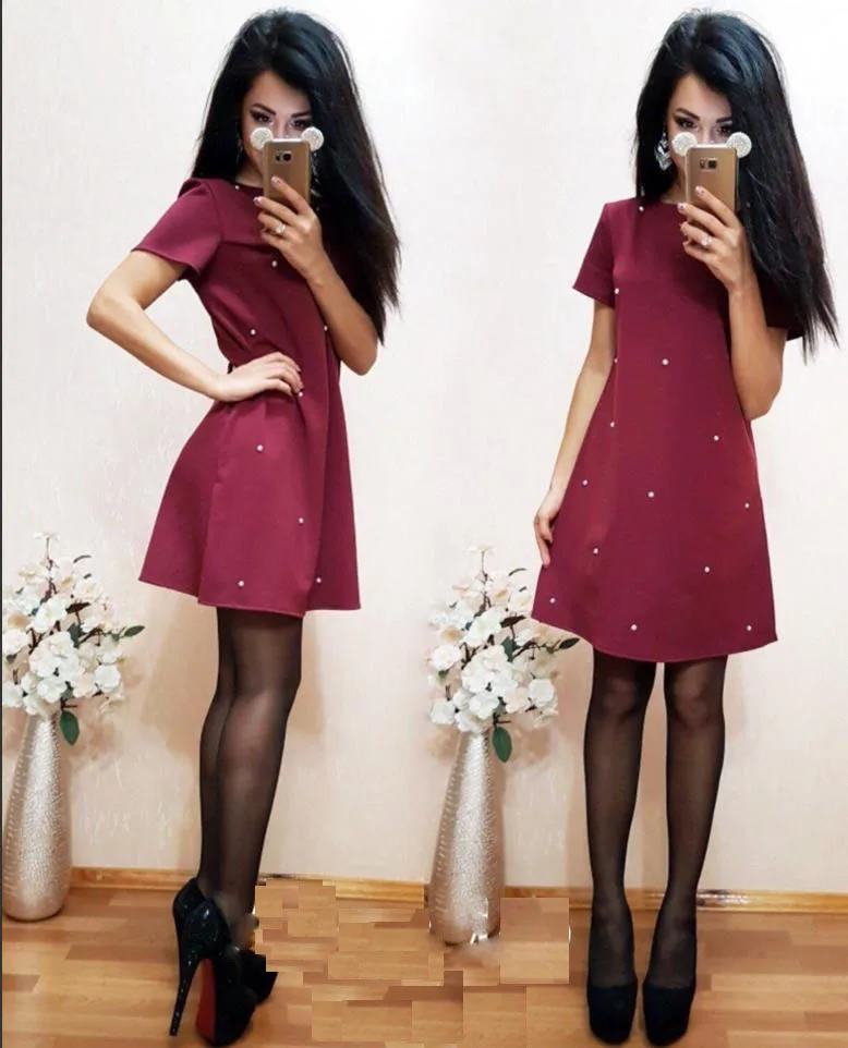 

harajuku summer Fashion sexy dress dresses women Black, red, green elegant Pearl Solid Color Dress vestidos verano
