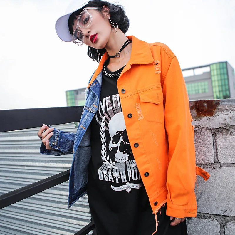 Harajuku Veste Pour Décontracté Lâche Femme Vêtements Camel Trou Jean Imprimer Hop Streetwear Hip Spliced Denim Manteau Déchiré Mode Femmes n8w0OvmN