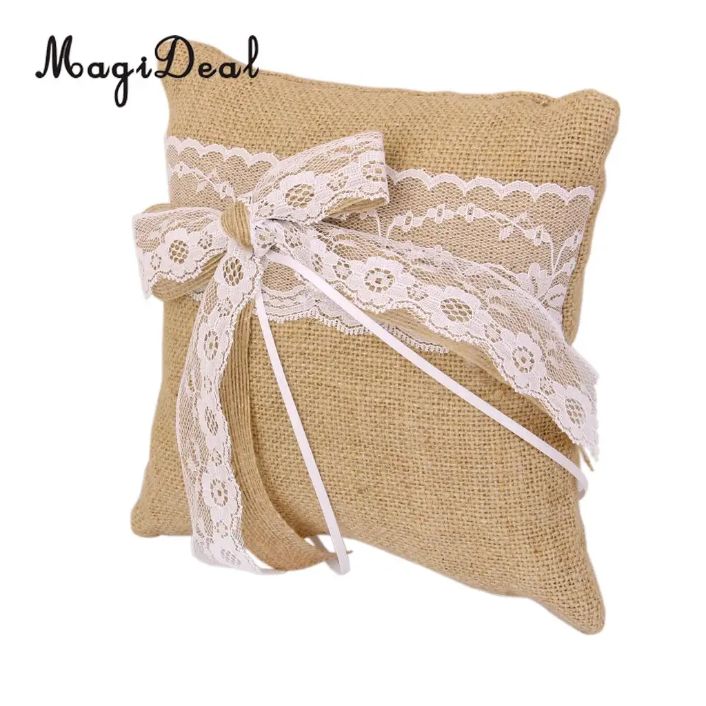 MagiDeal 20cmx20cm Vintage Burlap Bow Rustic Wedding Party Pocket Ring Pillow Lace Trim Wedding Decoration Supplies