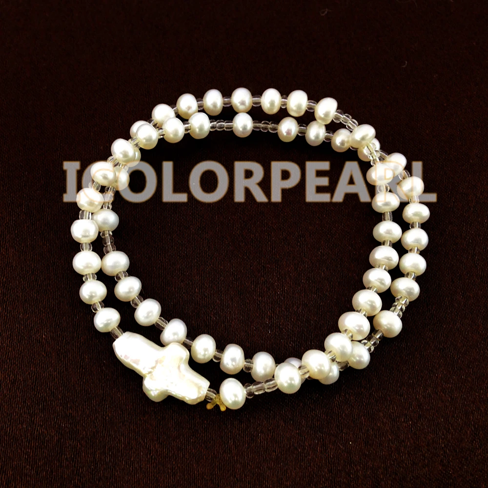 

WEICOLOR Lovely Two-Strand Small White Flatround Natural Freshwater Pearl Cross Bracelet on Elastic With Plastic Beads