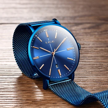 

LIGE New Blue Watch Women Luxury Brand Fashion Dress Quartz Watch Ladies Full Steel Mesh Strap Waterproof Watch Relogio Feminino