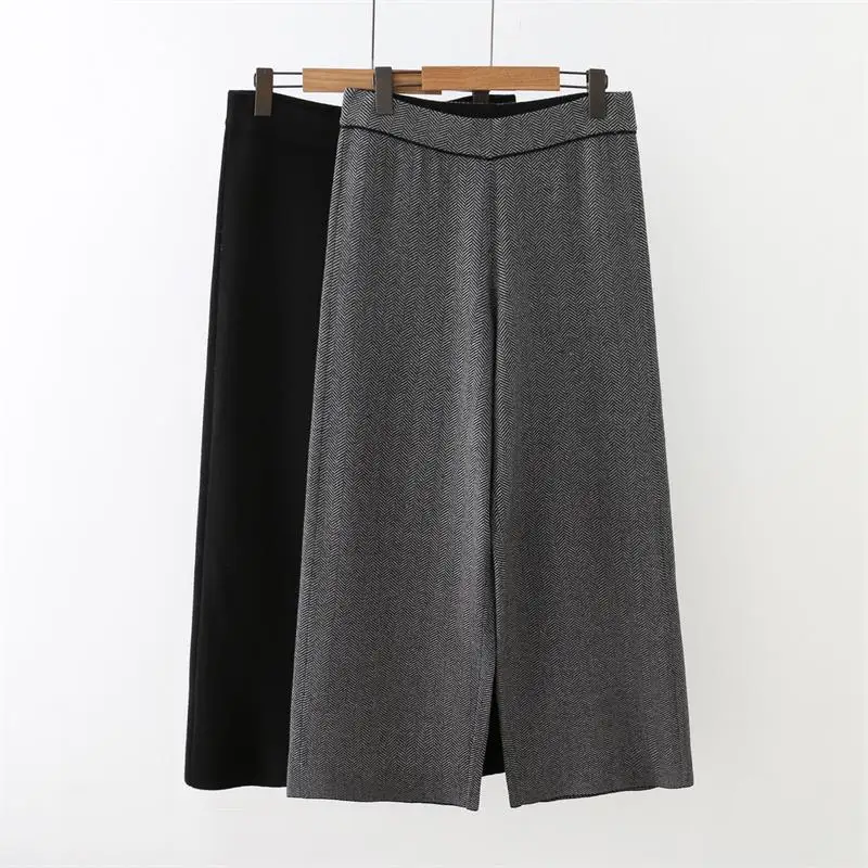 

Plus size autumn winter high waist pantalon femme 2018 black & gray knitted wide leg pants casual loose trousers women 5XL