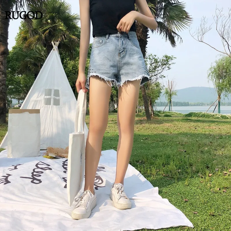 RUGOD 2019 летние корейские женские заклепки ковбойские шорты с высокой талией шорты с рваными краями карманные шорты Модные Шорты