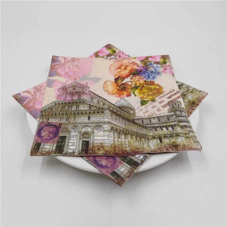 

20 vintage table napkins paper towel tissue printed pink golden flowers patterns decoupage wedding party decor serviettes decor