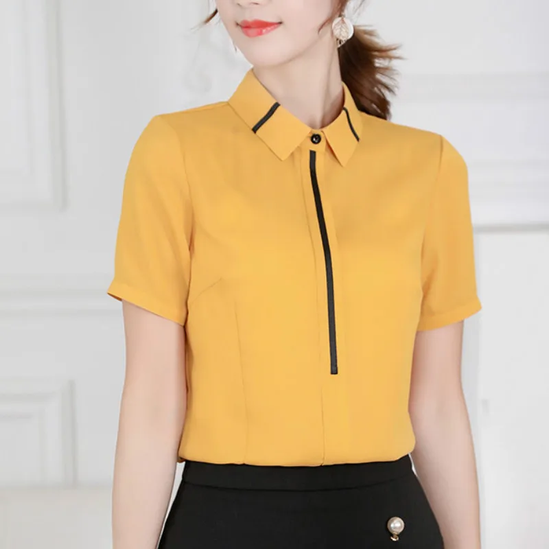 

Womens Chiffon Blouse Office Turn Down Collar Slim Short Sleeve Shirts Summer Shirt Casual 2019 Work Black White Tops Blusas