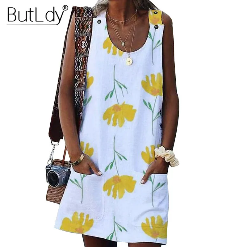 

White Sleeveless Shirt Jumper Short Mini Dress Women Flower Printed Casual Dress Summer 2019 Pockets Loose Dress Female Sundress