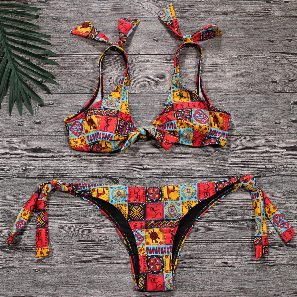 

NIDALEE Print Lace-up Bikini Set 2018 Wire Free Summer Bathing Low Waist Sexy Swimming Suit Triangle Padded Bandage Biquini