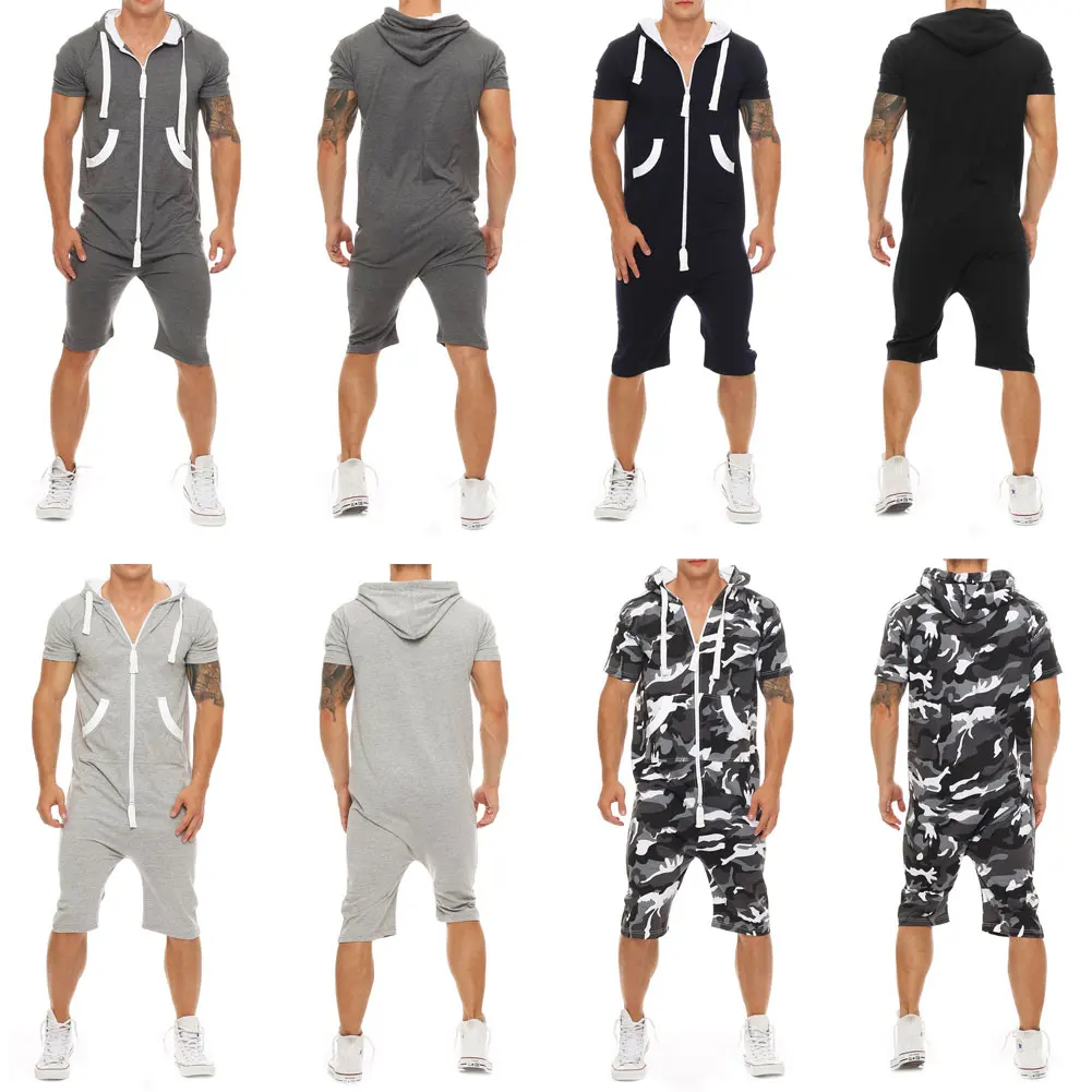 HIRIGIN Stylish Men Short Sleeve Romper Casual Jumpsuit Hooded One Piece Playsuits Wear Sets