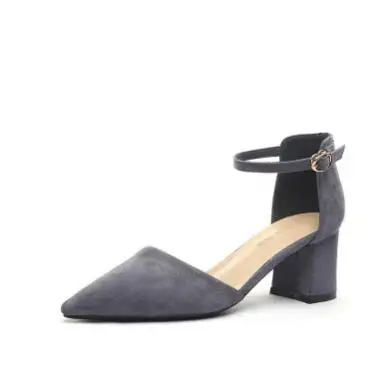 women pumps Word buckle Hollow Suede Single shoes Thick with Pointed Toe High heels women shoes blue 6CM
