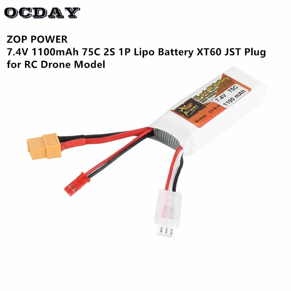 

ZOP Power 7.4V 1100mAh 75C Lipo Battery 2S 1P XT60 JST Plug Rechargeable for RC Racing Drone Helicopter Car Boat Model ht