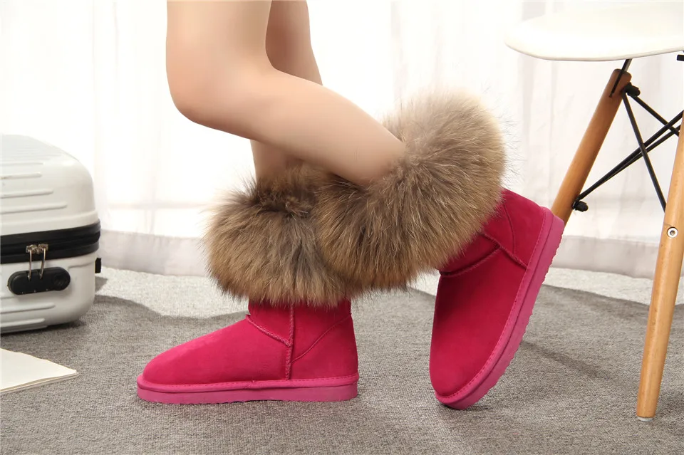 MBR FORCE Fashion Women's Natural Real fox Fur Snow Boots Genuine Cow Leather women Boots Female Warm Winter Boots Shoes