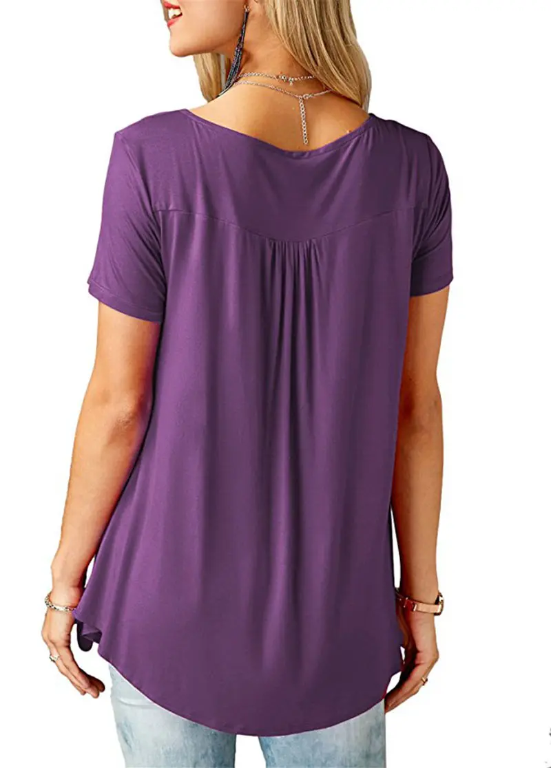 Women'S Summer Casual Short Sleeve T-Shirts Ruffle Button Up Split Neck Blouse Tunic Top Female 2018 Fashion Solid Loose Tees (13)