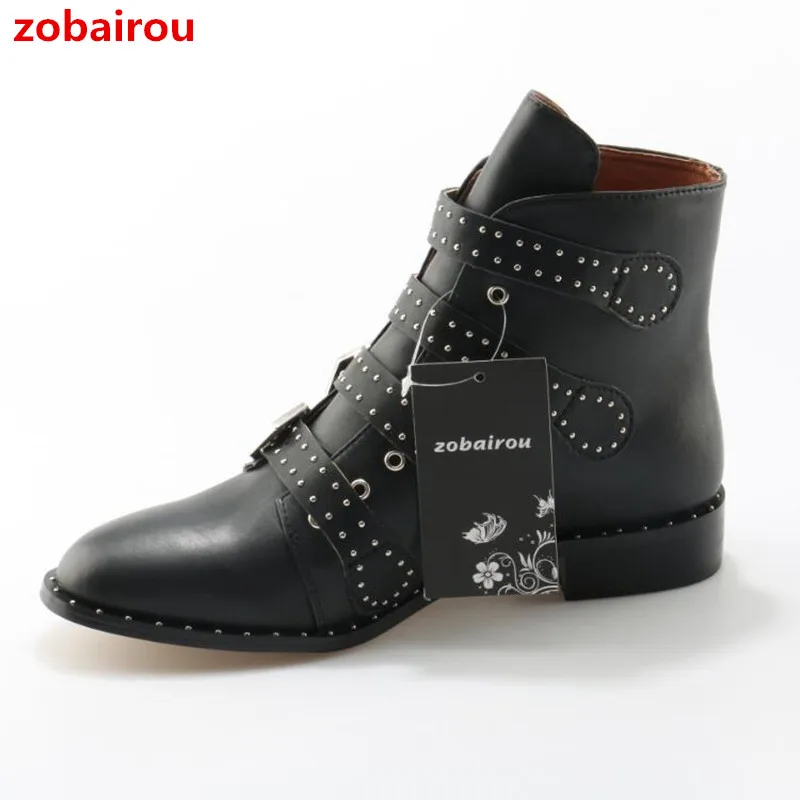 

Zobairou Multi Straped Buckle Boots 2017 Street Fashion Chunky Heels Black Leather Studded Combat Bottes Femmes Shoes Women
