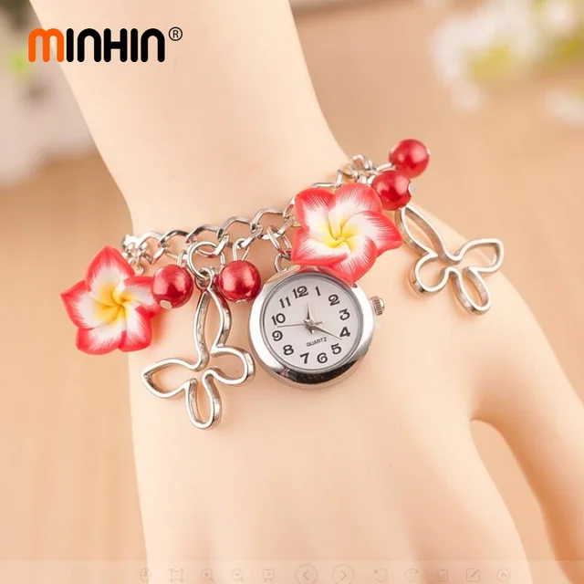 MINHIN Ladies Charm Bracelet Watches Soft Pottery Flower Pendant Silver Butterfl MINHIN Ladies Charm Bracelet Watches Soft Pottery Flower Pendant Silver Butterfl