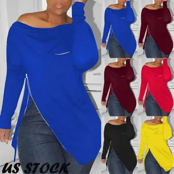 

New Casual Women Spring Autumn Off Shoulder Tops Hoodies Zip Up Split Ladies Long Sleeve Blouse Sweatshirts