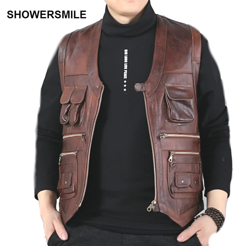 Image Genuine Cow Leather Vest Mens Photography Vest With Many Pockets Brown Motorcycle Jacket Male Waistcoat Jurassic Park Clothing
