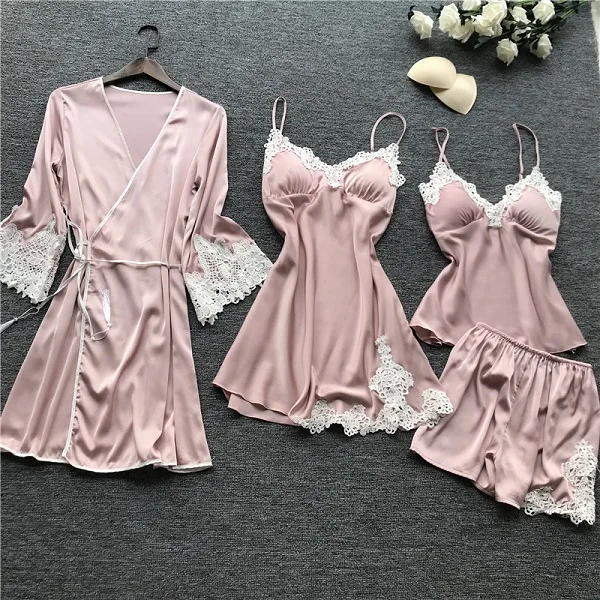 Элегантный кружевной халат, комплект из 4 предметов с поясом, женские атласные пижамы, комплект, ночная рубашка, зимняя одежда для сна, халат, ночное платье, Femme pijamas m-xl - Цвет: pink-4