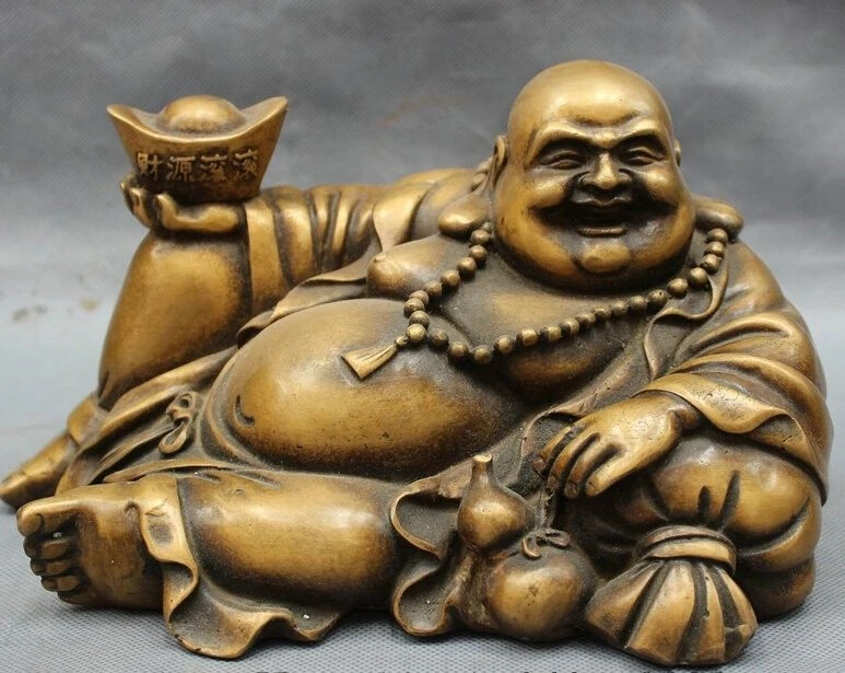

$ old craft $ 9" Chinese Bronze Folk Buddhism YuanBao Gourd Happy Laugh Maitreya Buddha Statue (A0314)