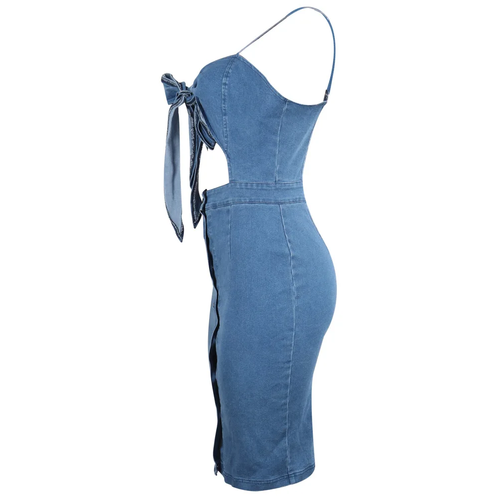 Джинсовое Бандажное платье голубого цвета летние сексуальные спагетти ремень Bodycon Вечерние женские Открытый пупок передние пуговицы платья с вырезами сплошной цвет