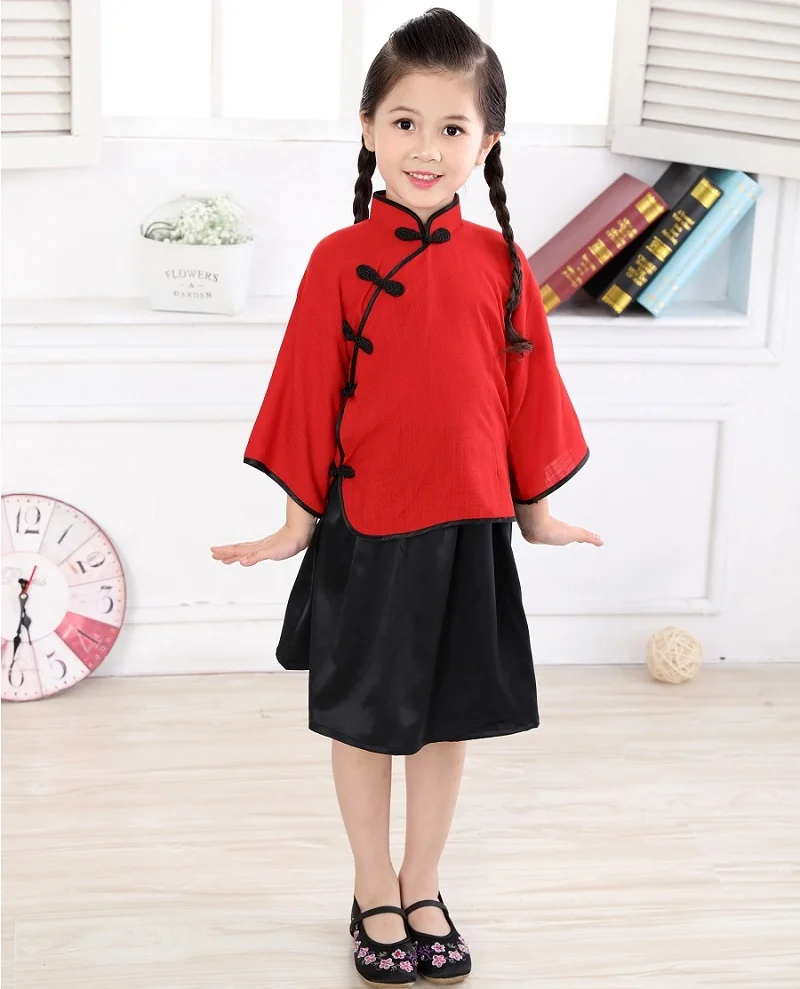 

2019 Girl Dresses Spring Summer Children Qipao Chinese New Year Cheongsam Girls Clothes Outfits Cotton&Linen Chi-Pao Set