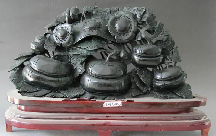 

JP S62 19" Chinese natural Xiu Jade black Auspicious Ru Yi calabash cucurbit sculpture
