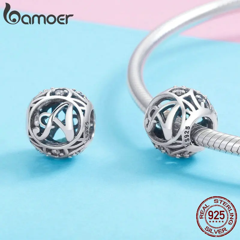 BAMOER Authentic 925 Sterling Silver Vintage A to T, Clear CZ Alphabet Letter Beads Fit Charm Bracelets DIY Jewelry SCC738