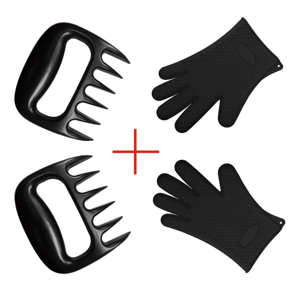 

Bear Barbecue Meat Forks / Claws for Shredding Pork & Beef ( Set of 2, Black) + Silicone Oven Gloves for BBQ